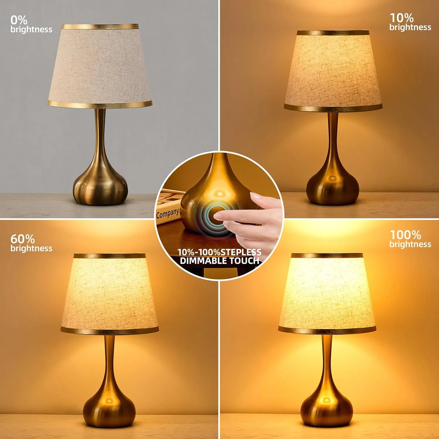 Stepless Dimmable Touch Lamp Set of 2,Bedside Table Lamp for Bedroom,Nightstand Lamp,Living Room,Dorm Desk Lighting with Gold Metal(Dimmable Bulb Included)