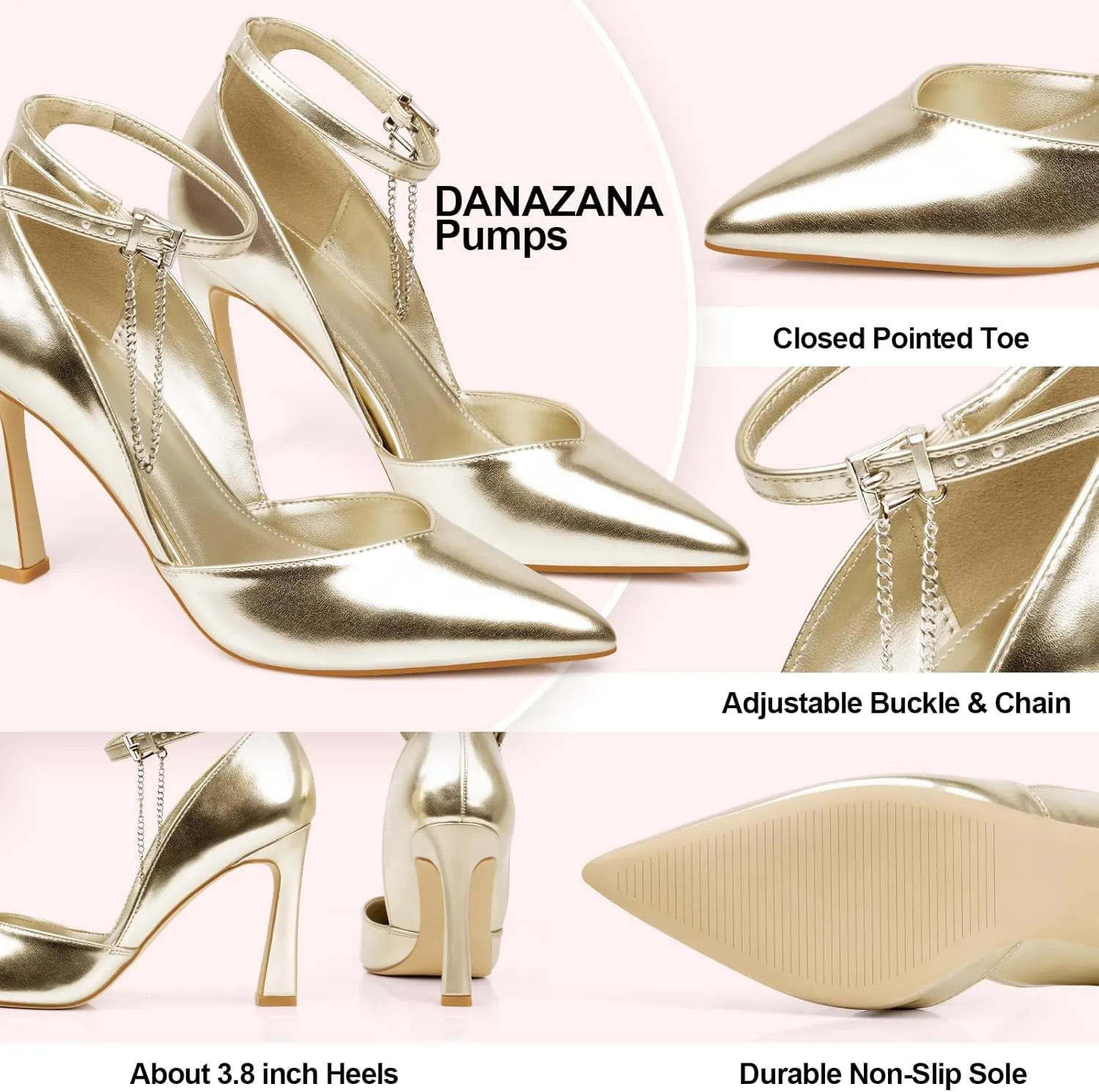 Stilettos High Heels Pumps Women Closed Pointed Toe Chain Ankle Strap Kitten Heeled Pumps Shoes Party Wedding Dressy Shoes Pumps for Lady Size 6-10