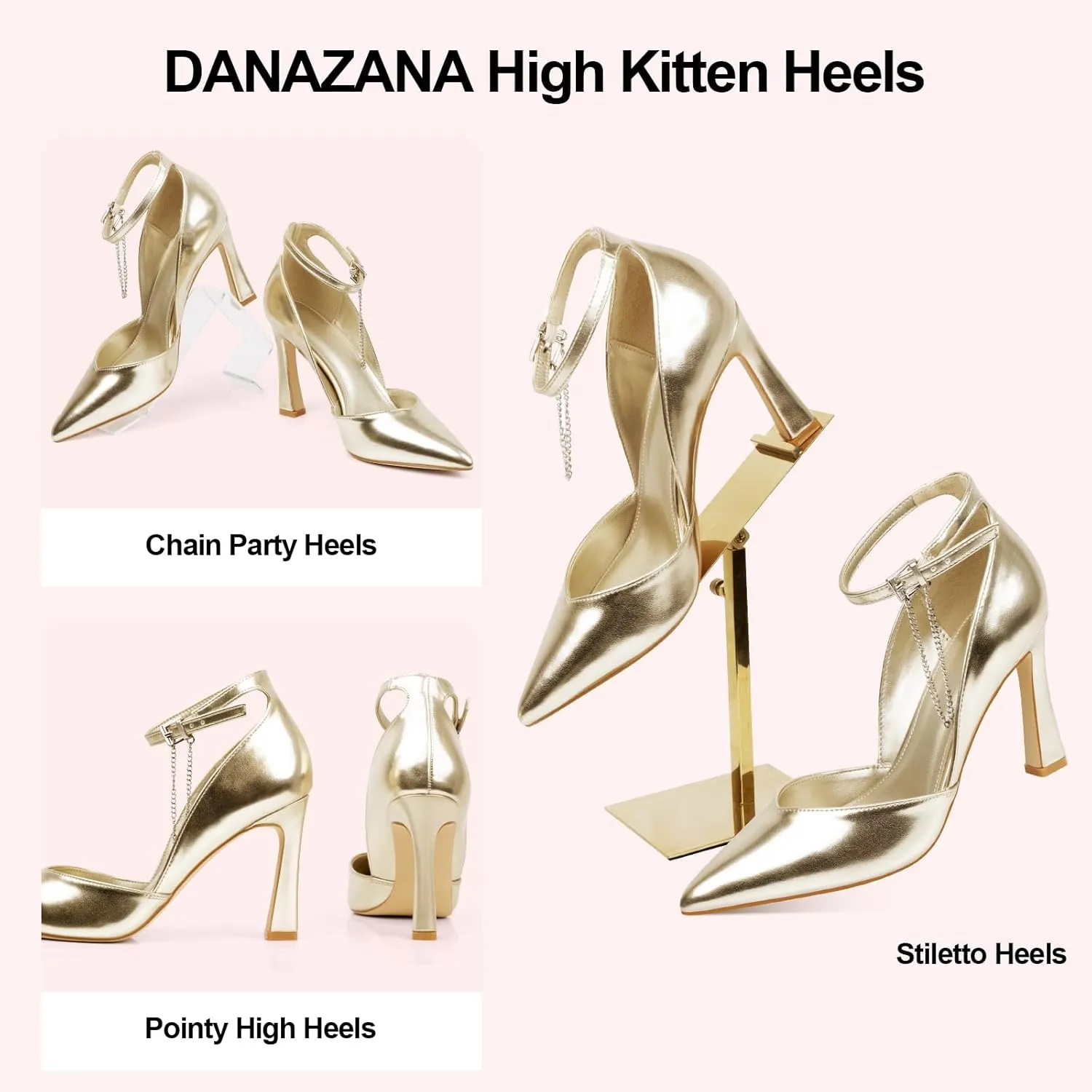 Stilettos High Heels Pumps Women Closed Pointed Toe Chain Ankle Strap Kitten Heeled Pumps Shoes Party Wedding Dressy Shoes Pumps for Lady Size 6-10