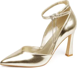 Stilettos High Heels Pumps Women Closed Pointed Toe Chain Ankle Strap Kitten Heeled Pumps Shoes Party Wedding Dressy Shoes Pumps for Lady Size 6-10