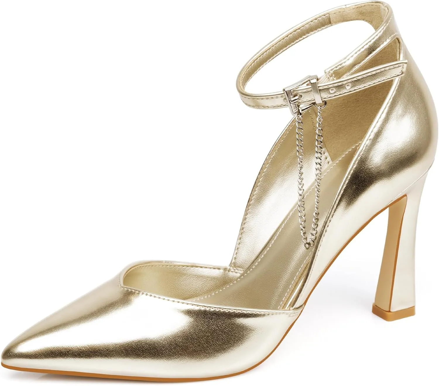 Stilettos High Heels Pumps Women Closed Pointed Toe Chain Ankle Strap Kitten Heeled Pumps Shoes Party Wedding Dressy Shoes Pumps for Lady Size 6-10