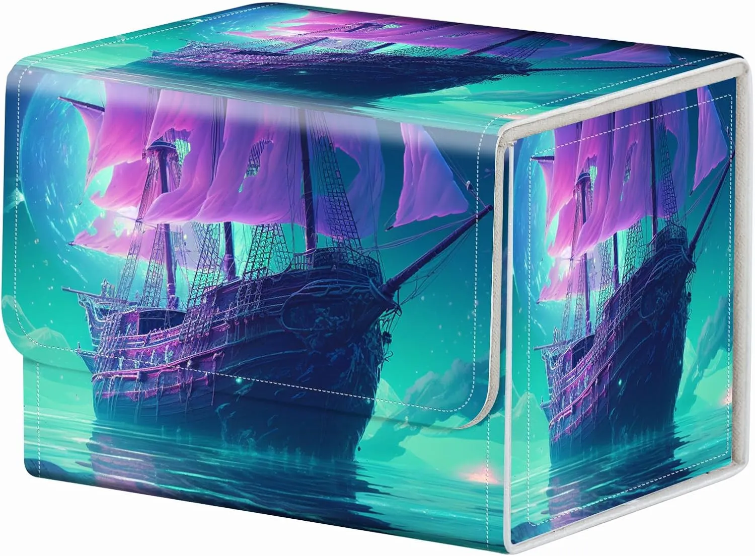 Strong Magnet Card Case Deck Box Mtg Card Box Playing Card Box Magic Deck Box Tcg Up to 200 Cards Creative Pattern Trading Card Storage Box for Collectible Card Games, A Purple Sailing Ship