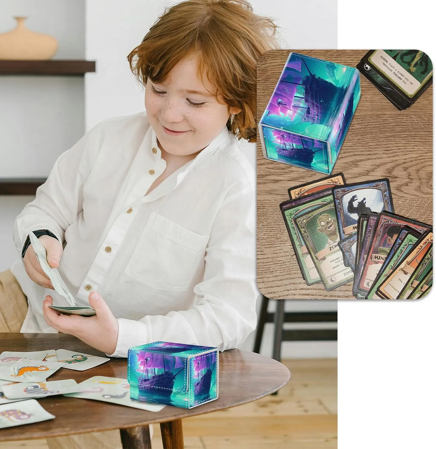 Strong Magnet Card Case Deck Box Mtg Card Box Playing Card Box Magic Deck Box Tcg Up to 200 Cards Creative Pattern Trading Card Storage Box for Collectible Card Games, A Purple Sailing Ship