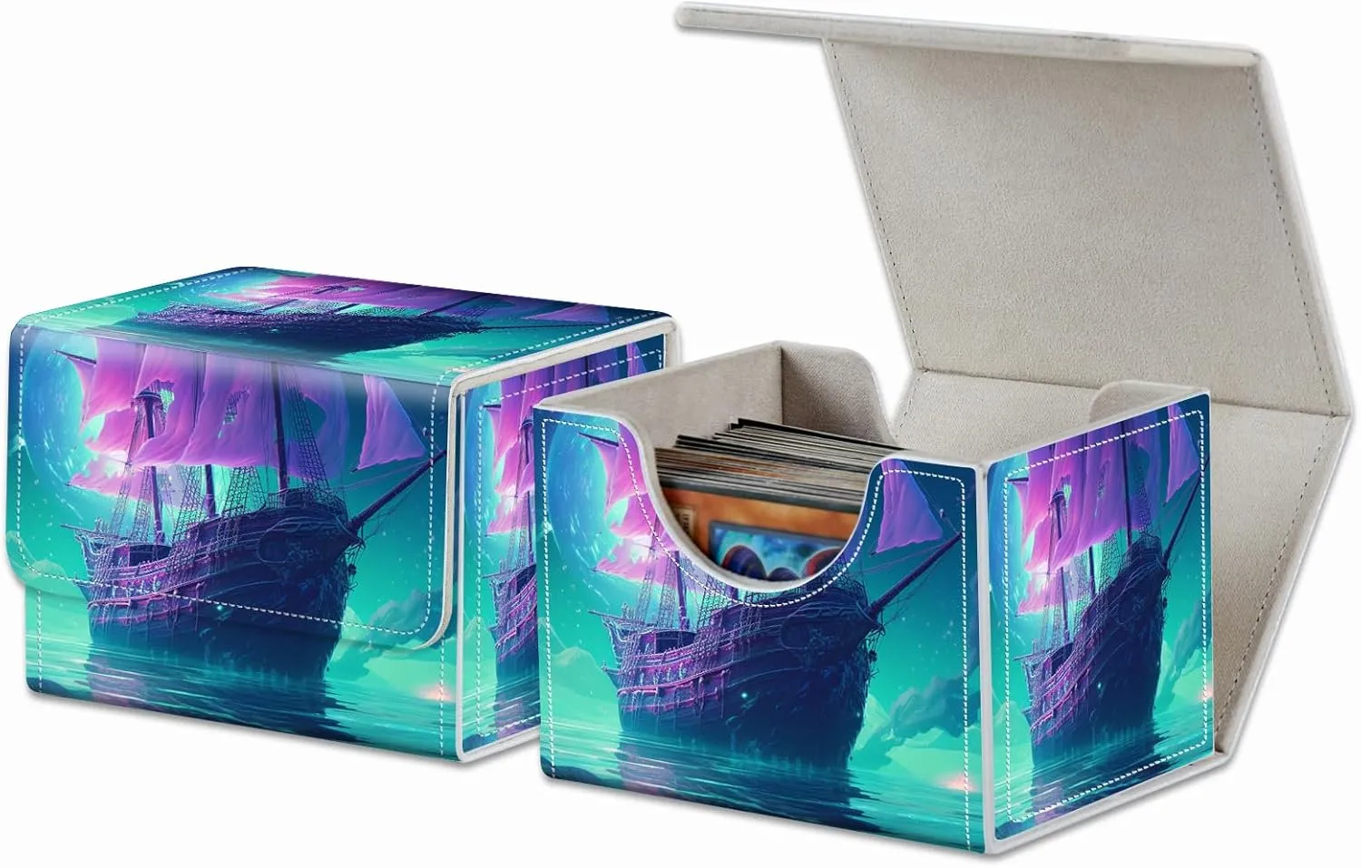 Strong Magnet Card Case Deck Box Mtg Card Box Playing Card Box Magic Deck Box Tcg Up to 200 Cards Creative Pattern Trading Card Storage Box for Collectible Card Games, A Purple Sailing Ship
