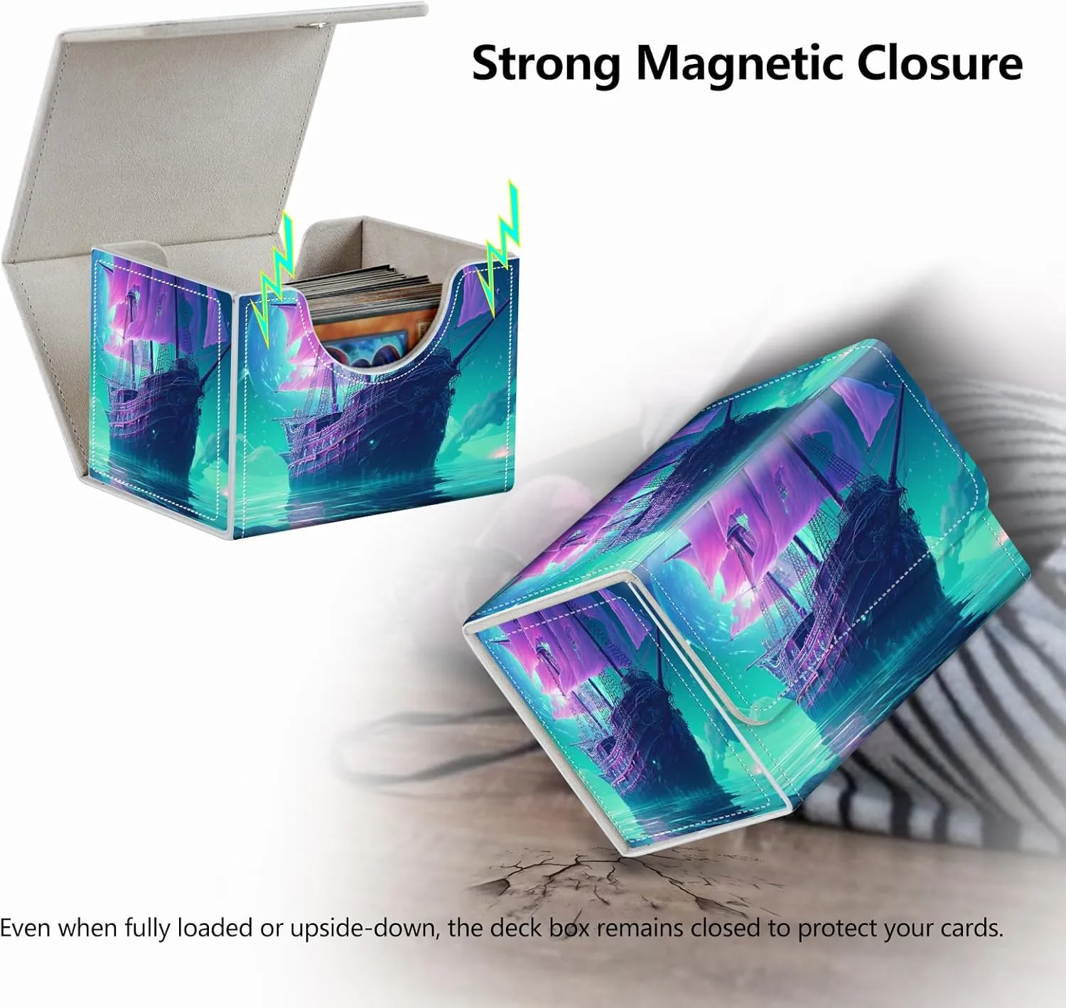Strong Magnet Card Case Deck Box Mtg Card Box Playing Card Box Magic Deck Box Tcg Up to 200 Cards Creative Pattern Trading Card Storage Box for Collectible Card Games, A Purple Sailing Ship