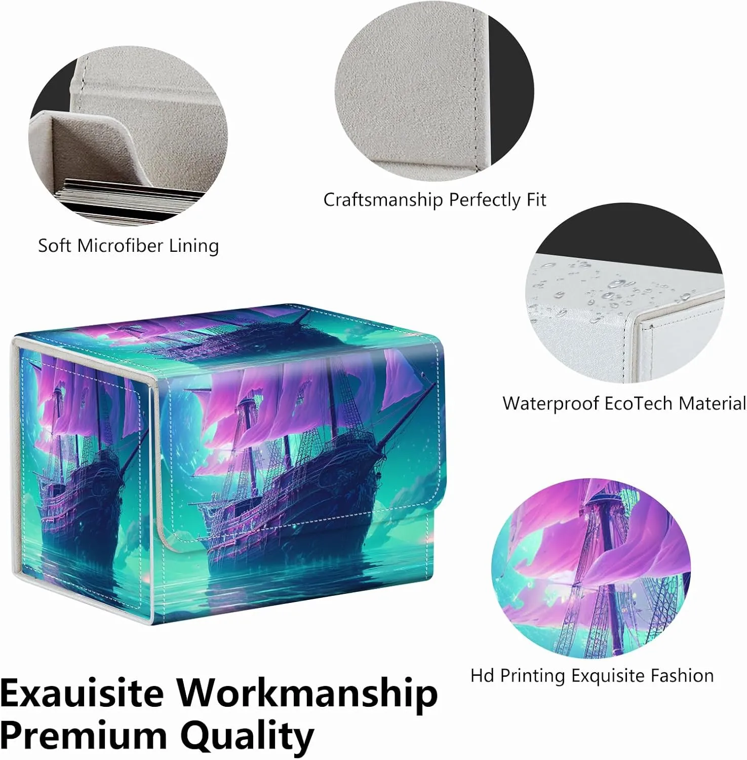 Strong Magnet Card Case Deck Box Mtg Card Box Playing Card Box Magic Deck Box Tcg Up to 200 Cards Creative Pattern Trading Card Storage Box for Collectible Card Games, A Purple Sailing Ship