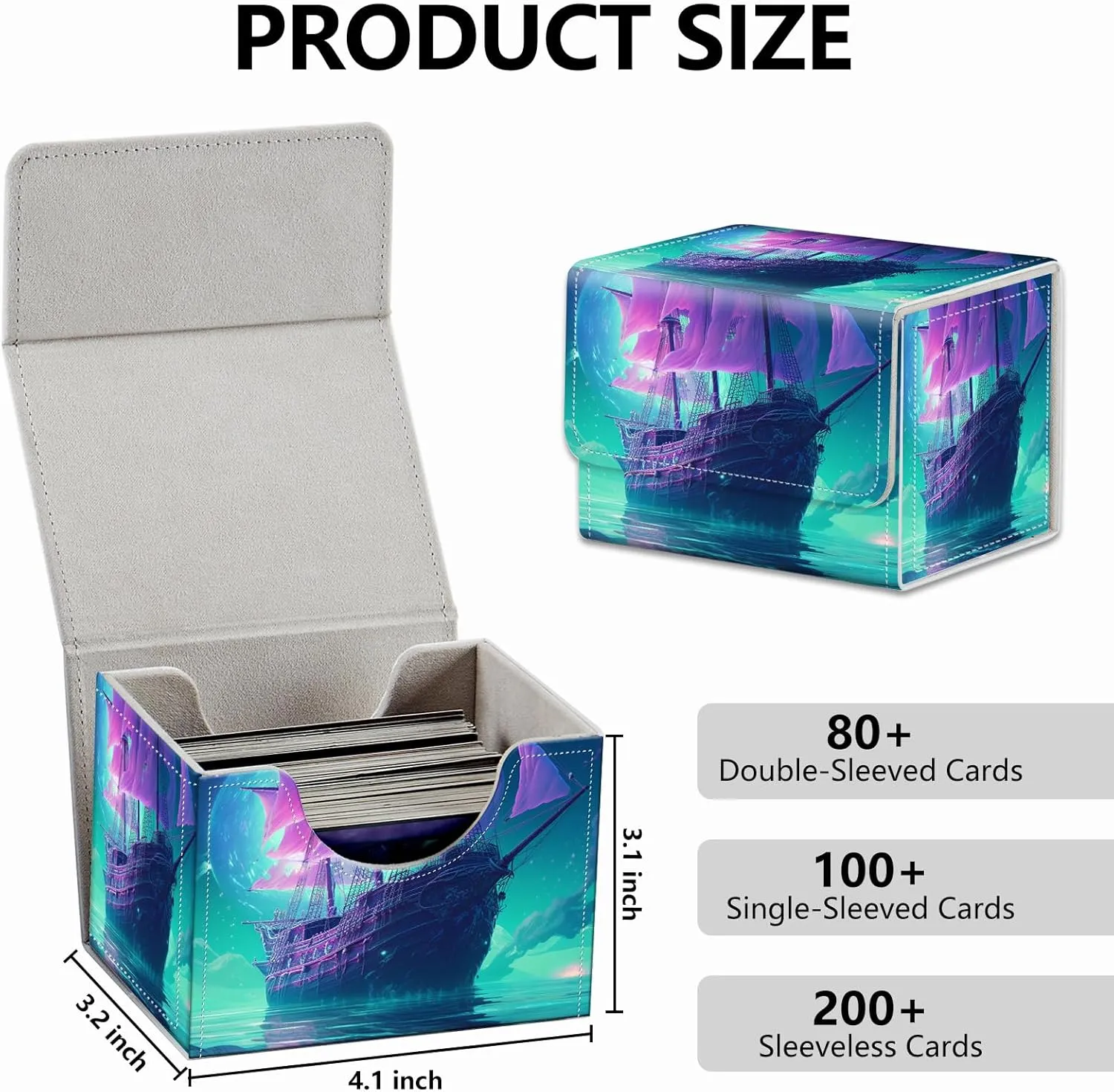 Strong Magnet Card Case Deck Box Mtg Card Box Playing Card Box Magic Deck Box Tcg Up to 200 Cards Creative Pattern Trading Card Storage Box for Collectible Card Games, A Purple Sailing Ship