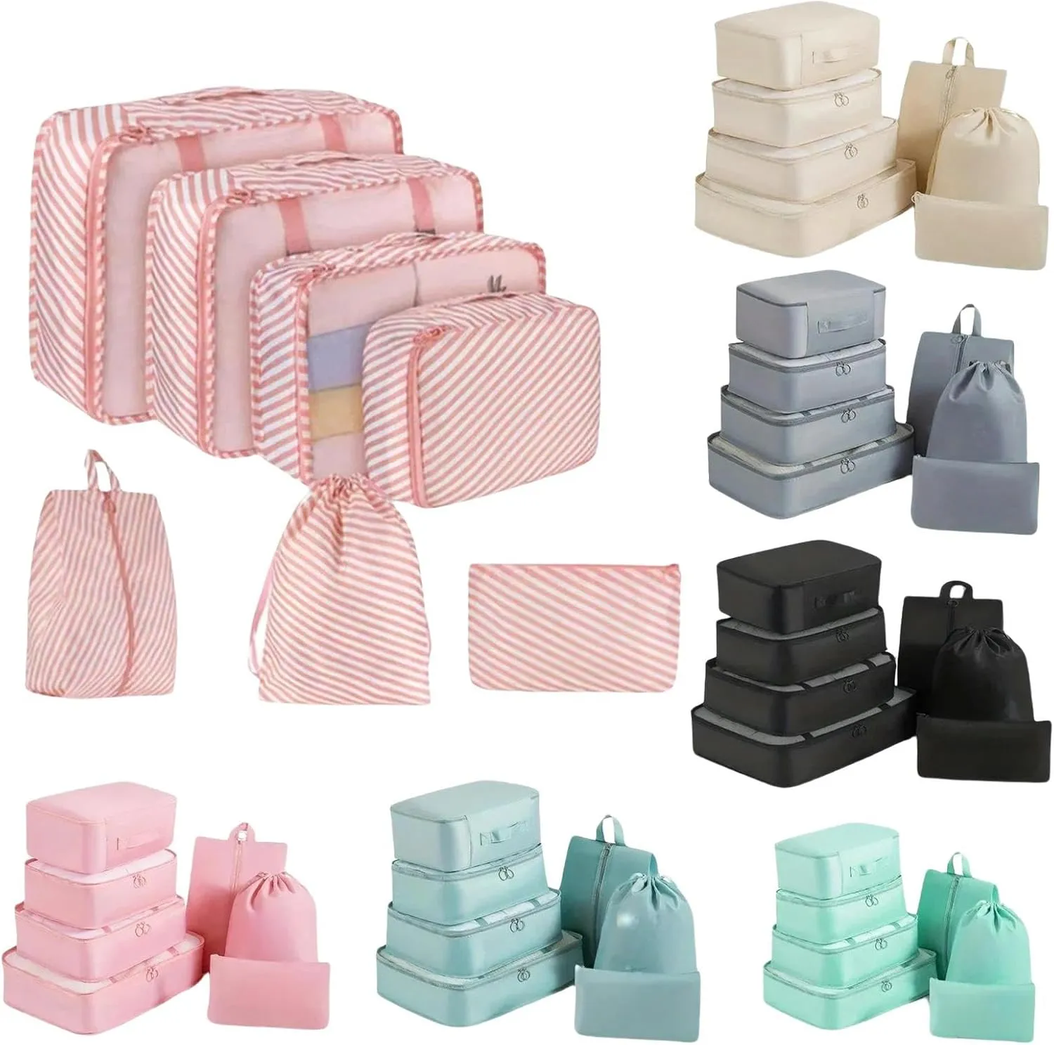 Suitcase Organizer Bags Set 7Pcs Set Travel Packing Cubes, Portable Mesh Luggage Storage Bag, Underwear Clothes Organizer Bag With Shoes Bag-Pinkstrips