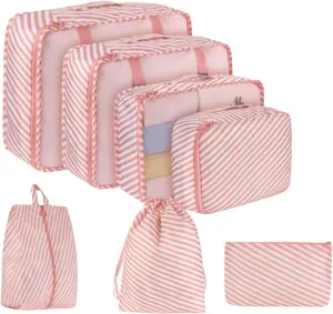 Suitcase Organizer Bags Set 7Pcs Set Travel Packing Cubes, Portable Mesh Luggage Storage Bag, Underwear Clothes Organizer Bag With Shoes Bag-Pinkstrips