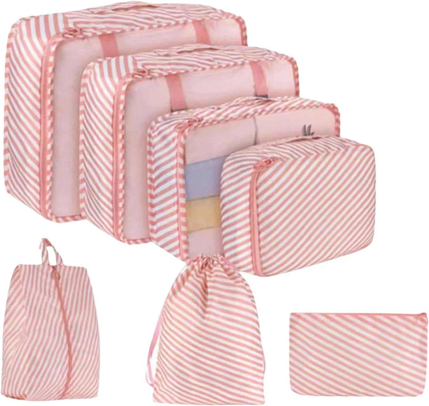 Suitcase Organizer Bags Set 7Pcs Set Travel Packing Cubes, Portable Mesh Luggage Storage Bag, Underwear Clothes Organizer Bag With Shoes Bag-Pinkstrips
