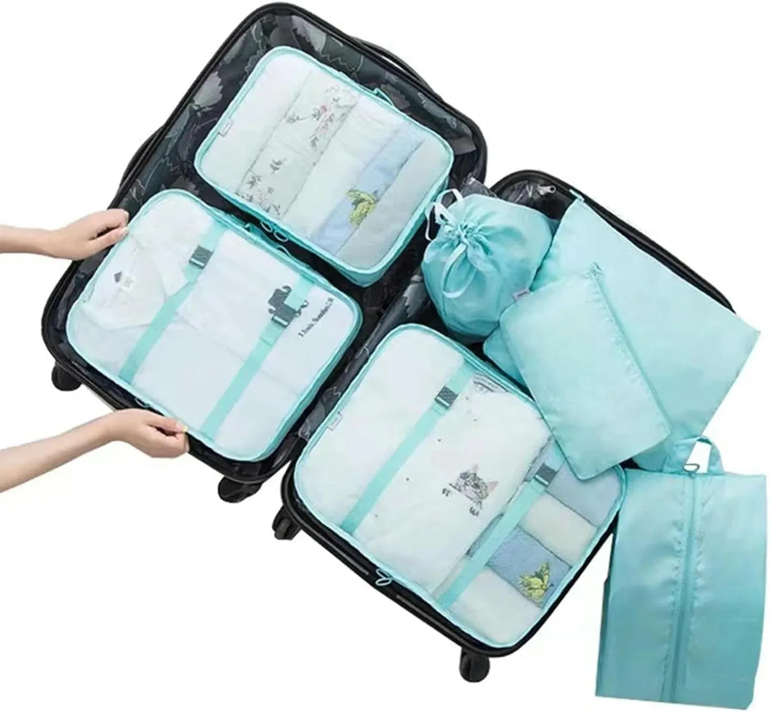 Suitcase Organizer Bags Set 7Pcs Set Travel Packing Cubes, Portable Mesh Luggage Storage Bag, Underwear Clothes Organizer Bag With Shoes Bag-Pinkstrips
