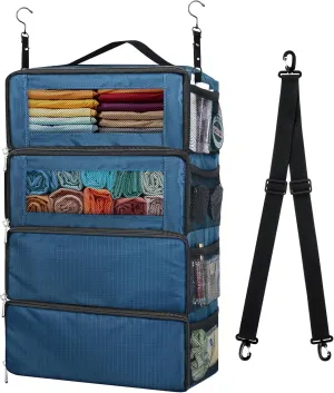 Suitcase Organizer, Carry on Closet Luggage Organizers Accessories for Travel, Foldable and Hangable Portable Hanging Travel Shelves with a Shoulder Strap to Use As a Travel Backpack Large, Navy Blue