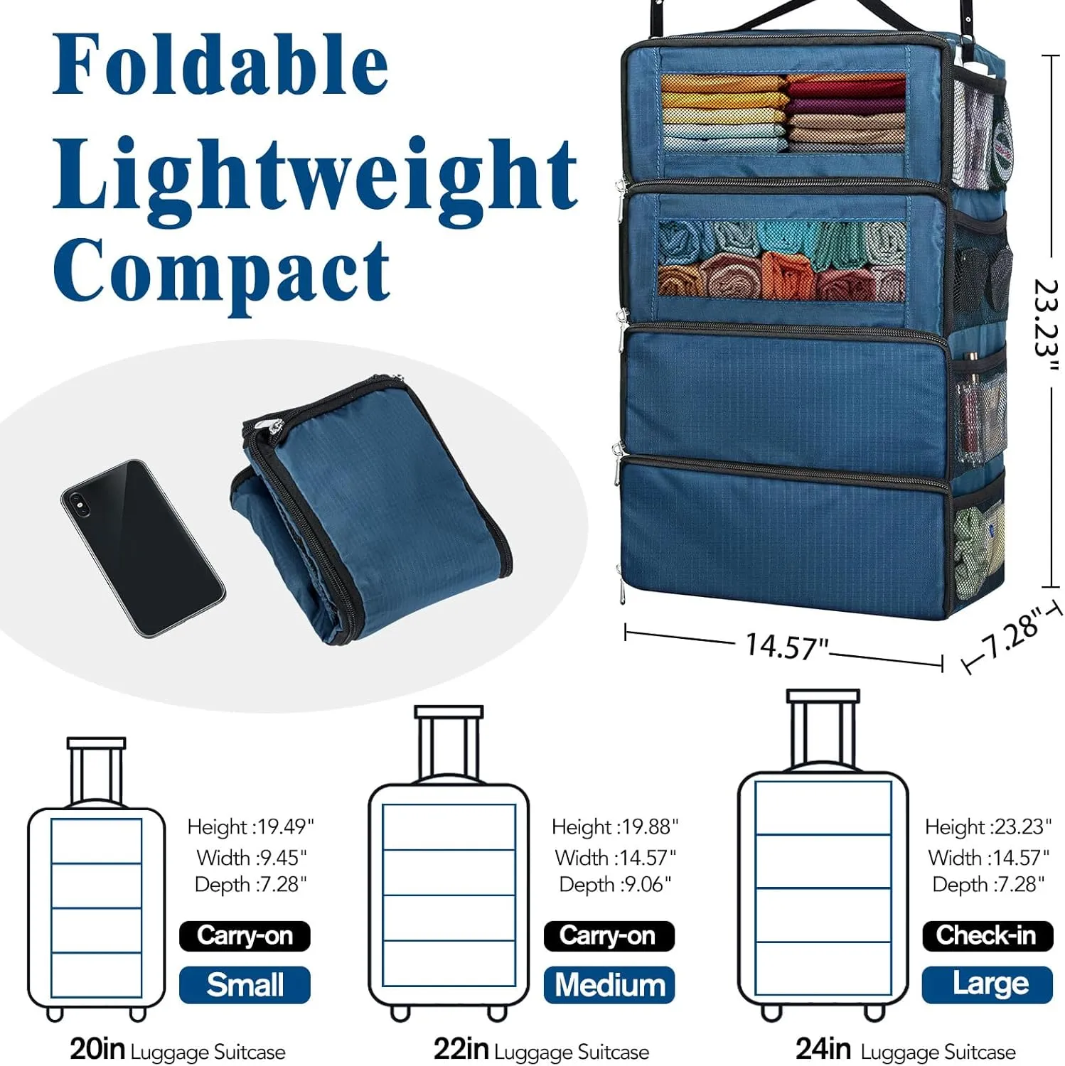 Suitcase Organizer, Carry on Closet Luggage Organizers Accessories for Travel, Foldable and Hangable Portable Hanging Travel Shelves with a Shoulder Strap to Use As a Travel Backpack Large, Navy Blue