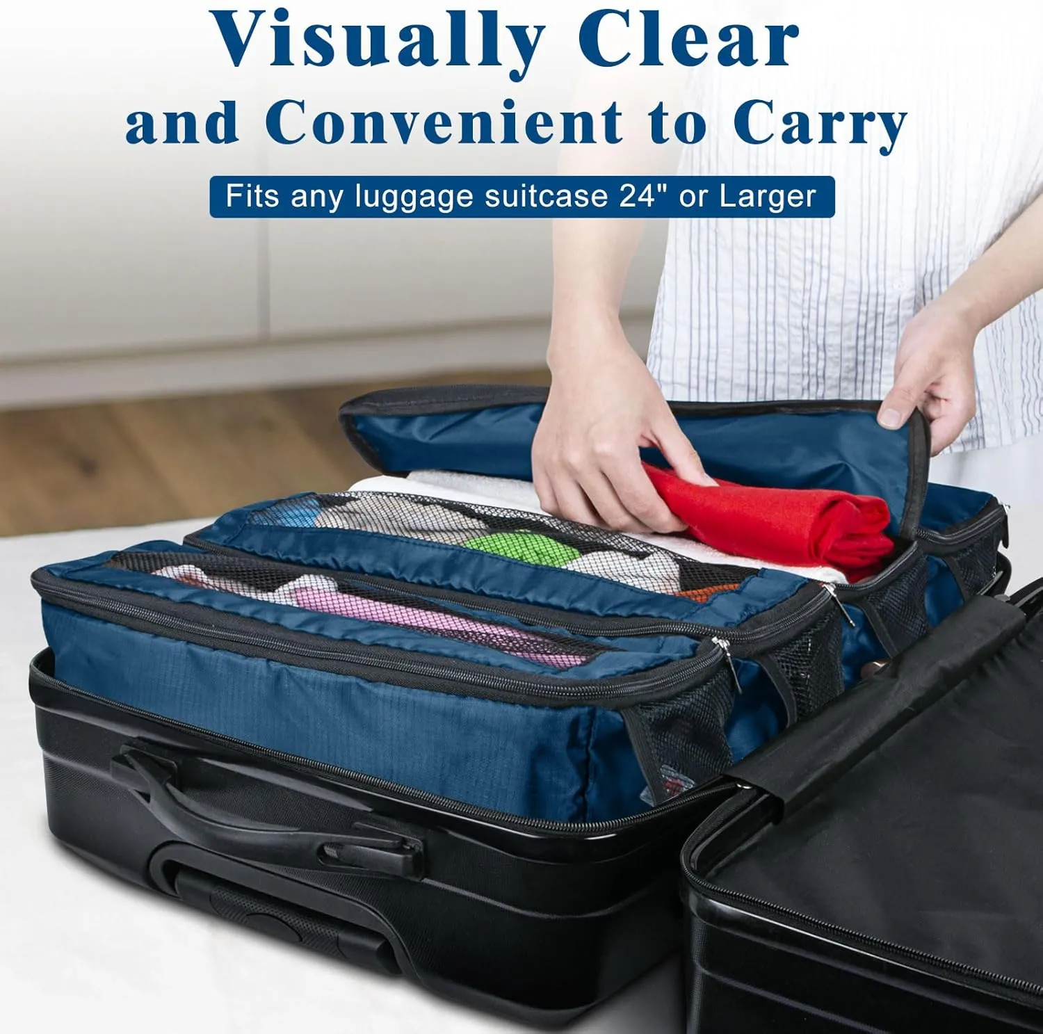 Suitcase Organizer, Carry on Closet Luggage Organizers Accessories for Travel, Foldable and Hangable Portable Hanging Travel Shelves with a Shoulder Strap to Use As a Travel Backpack Large, Navy Blue