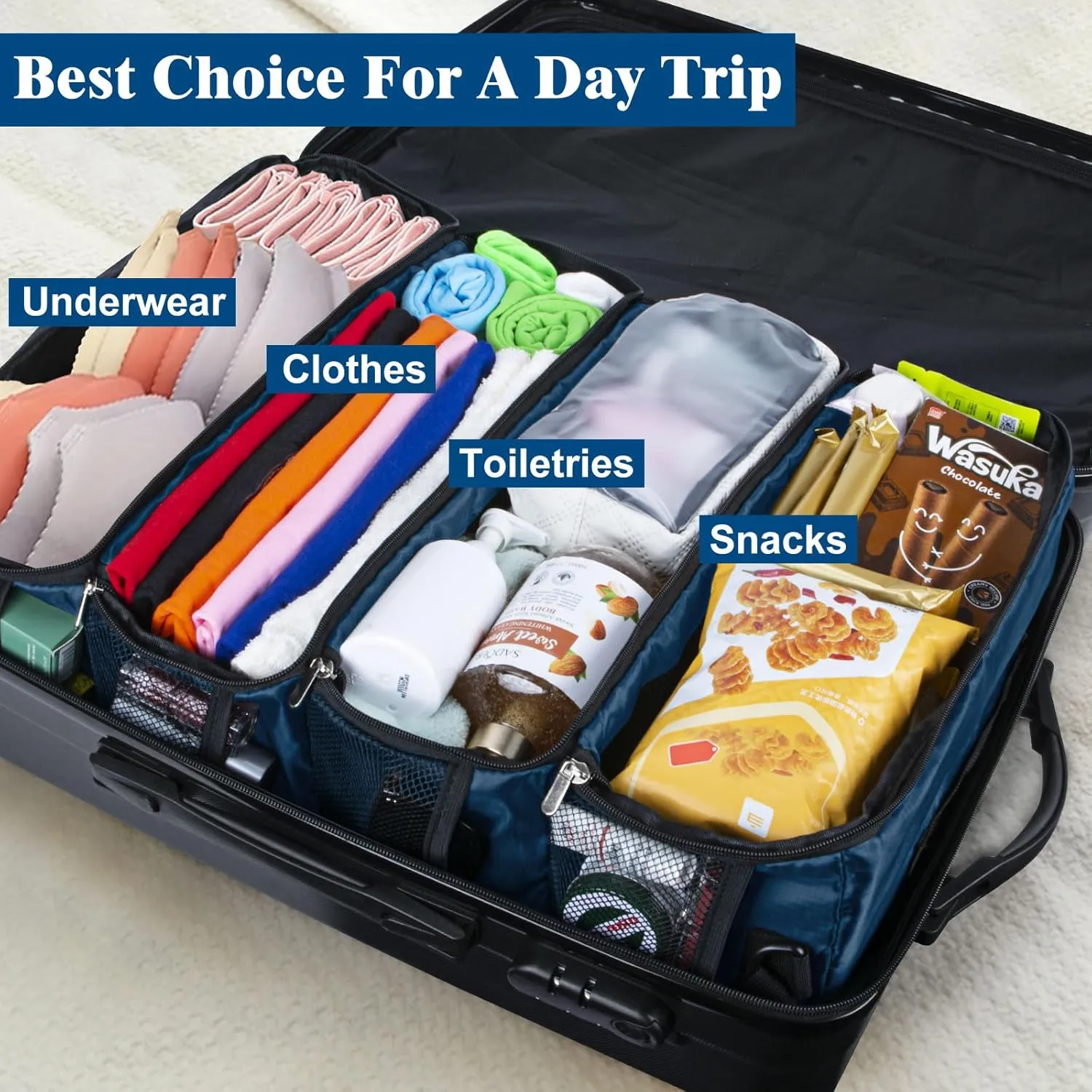 Suitcase Organizer, Carry on Closet Luggage Organizers Accessories for Travel, Foldable and Hangable Portable Hanging Travel Shelves with a Shoulder Strap to Use As a Travel Backpack Large, Navy Blue