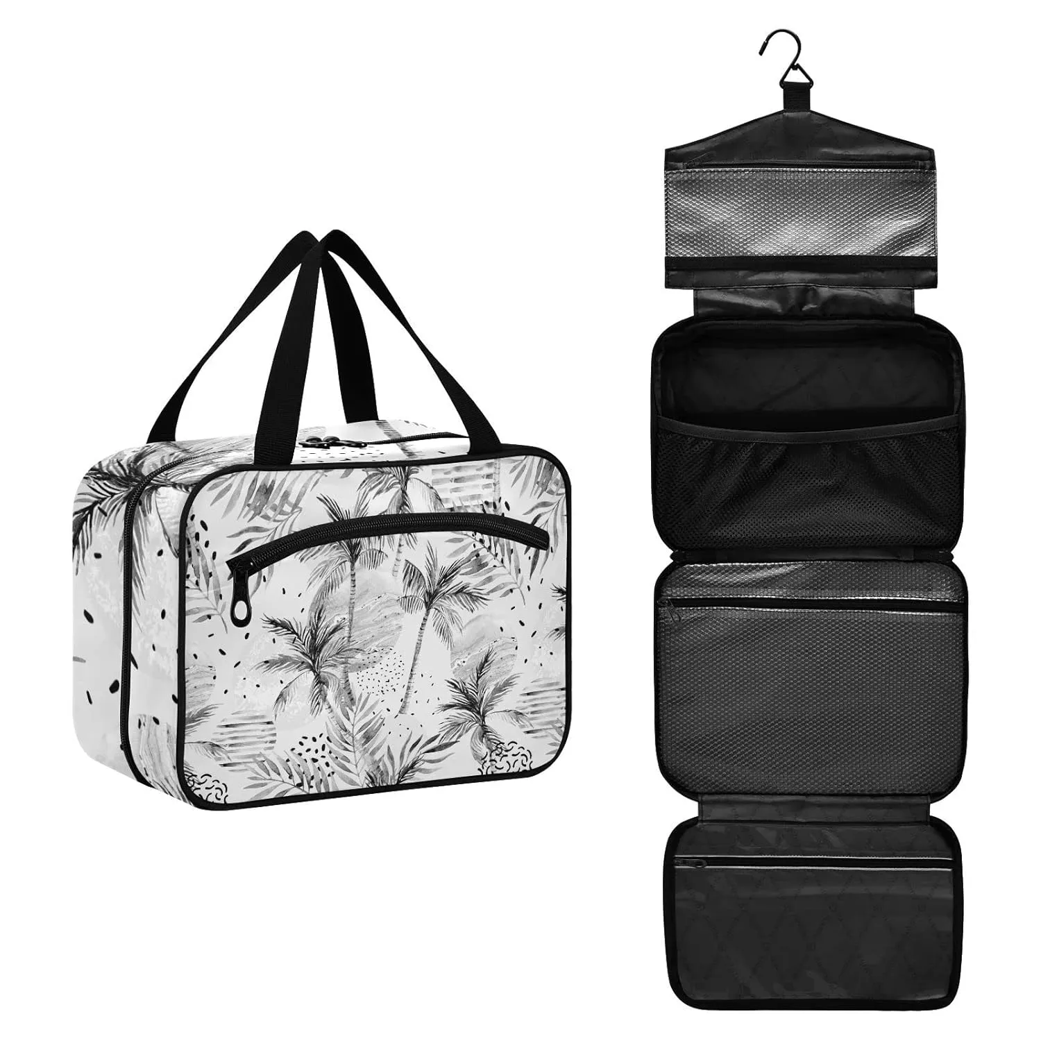 Summer Sun Tropical Palm Tree Leaves, Black Dots Rain Drops 1 PC Hanging Travel Wash bag with Handles, Portable Makeup Organizer Brush Storage Case Portable Travel Cosmetic with Hook M