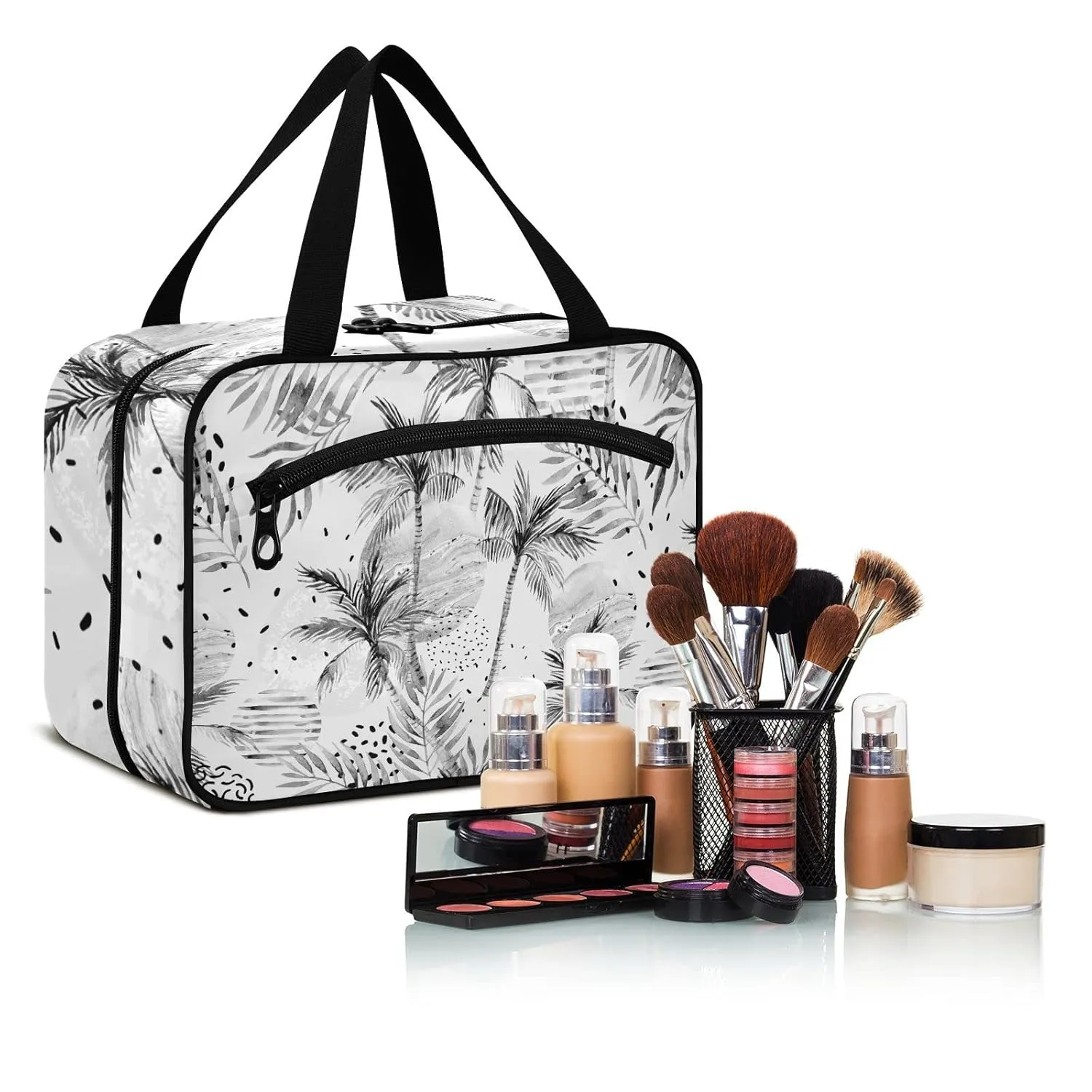 Summer Sun Tropical Palm Tree Leaves, Black Dots Rain Drops 1 PC Hanging Travel Wash bag with Handles, Portable Makeup Organizer Brush Storage Case Portable Travel Cosmetic with Hook M