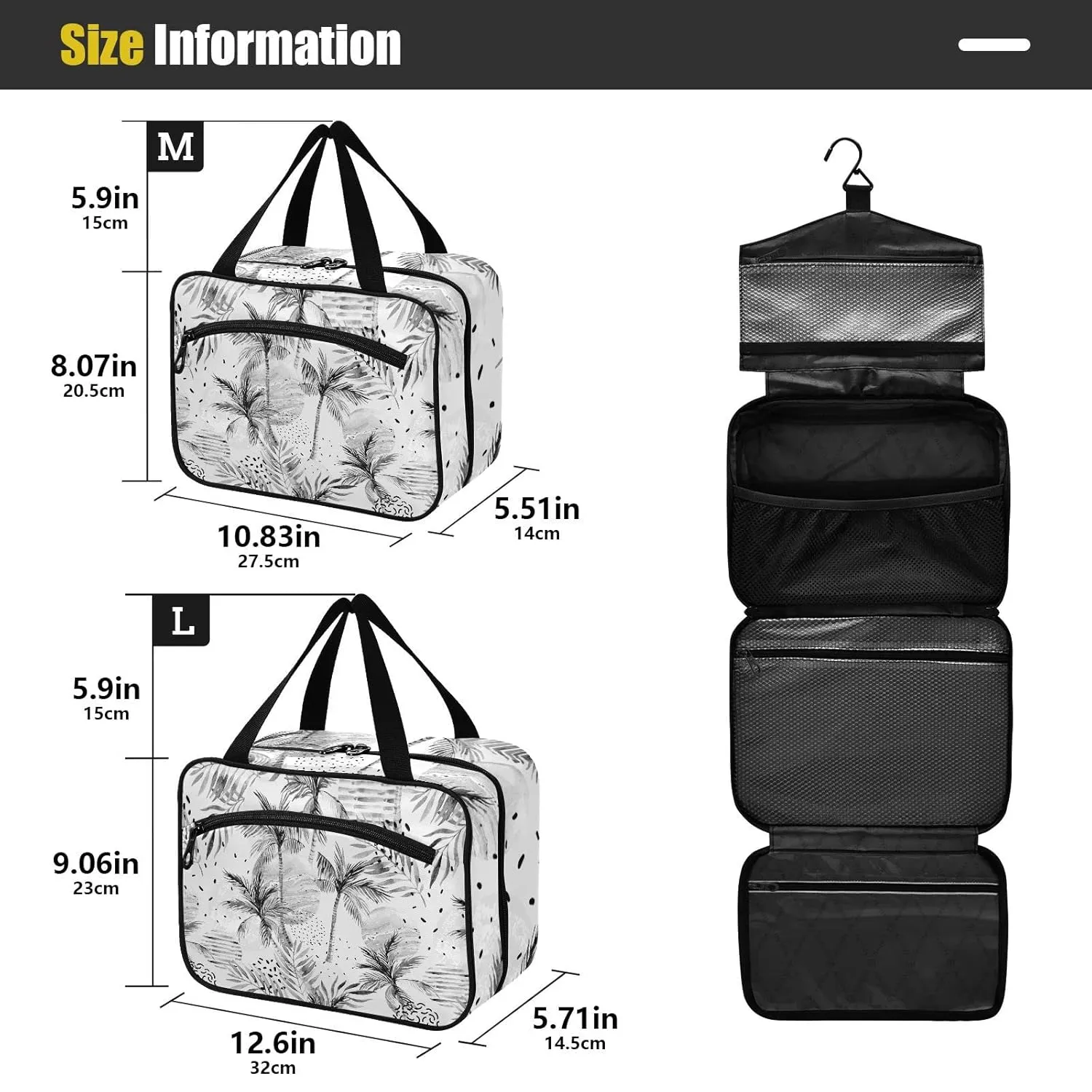 Summer Sun Tropical Palm Tree Leaves, Black Dots Rain Drops 1 PC Hanging Travel Wash bag with Handles, Portable Makeup Organizer Brush Storage Case Portable Travel Cosmetic with Hook M