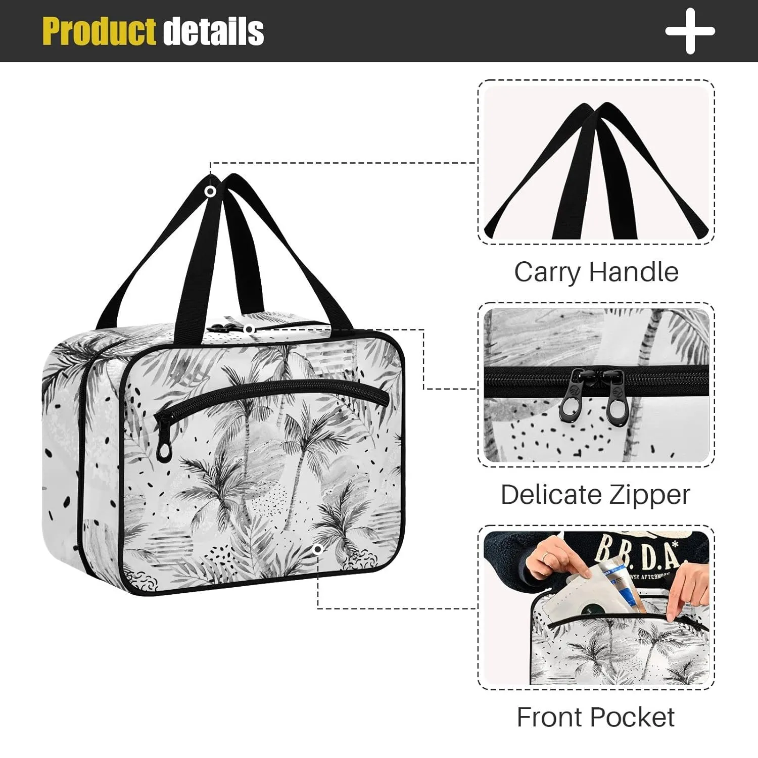 Summer Sun Tropical Palm Tree Leaves, Black Dots Rain Drops 1 PC Hanging Travel Wash bag with Handles, Portable Makeup Organizer Brush Storage Case Portable Travel Cosmetic with Hook M