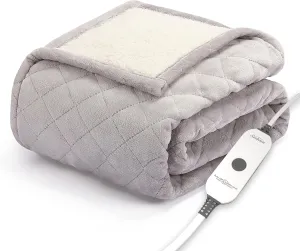 Sunbeam Quilted Royal Posh Velvet Reverse Sherpa Heated Throw Electric Blanket, 50" x 60", 4 Heat Settings, 4-Hour Auto Shut-Off, Warming Cozy Throw for Couch, Sofa or Bed, Machine Washable, Dove Grey