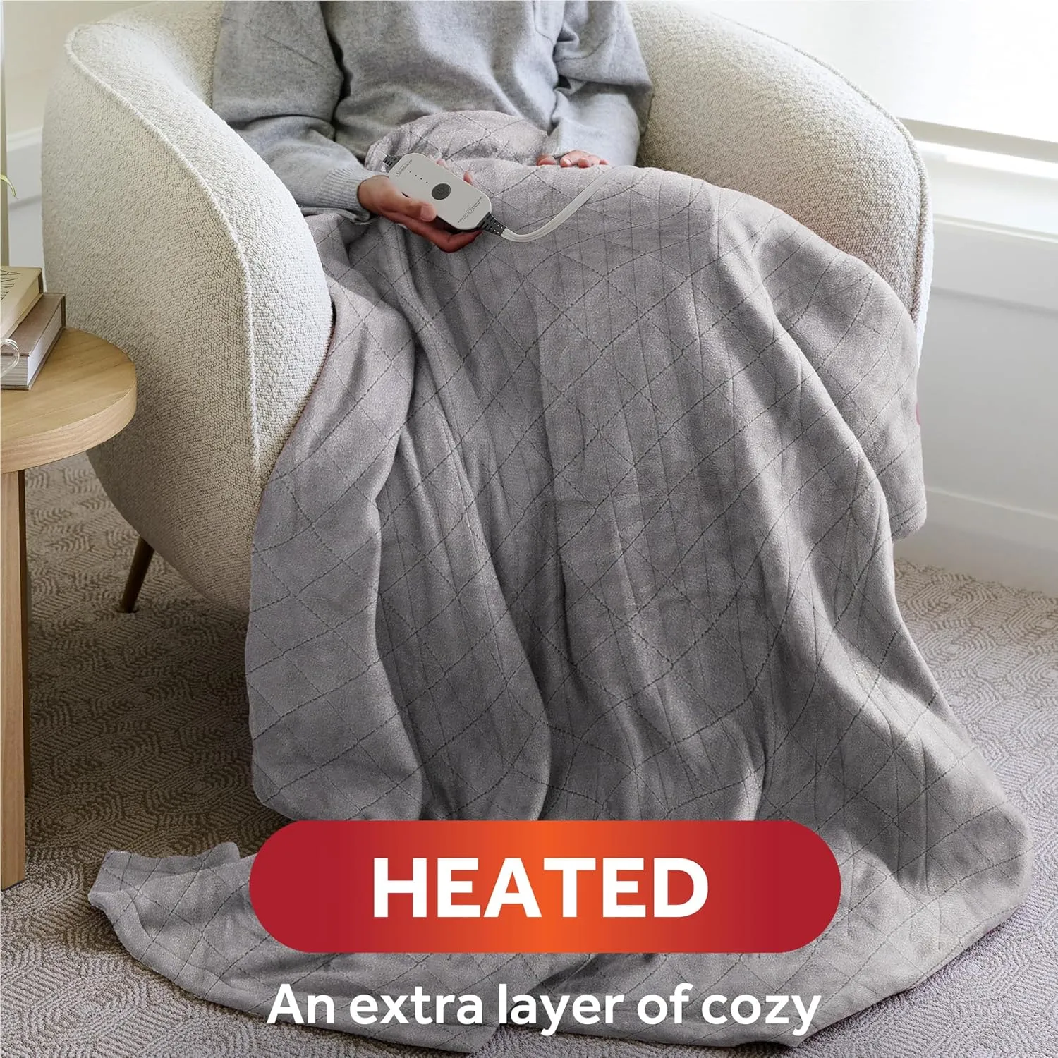 Sunbeam Quilted Royal Posh Velvet Reverse Sherpa Heated Throw Electric Blanket, 50" x 60", 4 Heat Settings, 4-Hour Auto Shut-Off, Warming Cozy Throw for Couch, Sofa or Bed, Machine Washable, Dove Grey