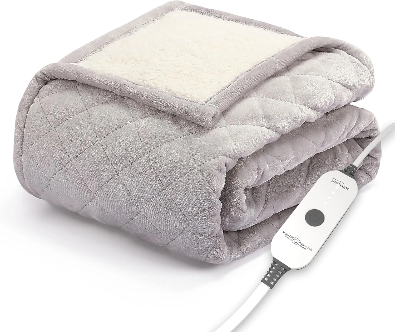 Sunbeam Quilted Royal Posh Velvet Reverse Sherpa Heated Throw Electric Blanket, 50" x 60", 4 Heat Settings, 4-Hour Auto Shut-Off, Warming Cozy Throw for Couch, Sofa or Bed, Machine Washable, Dove Grey