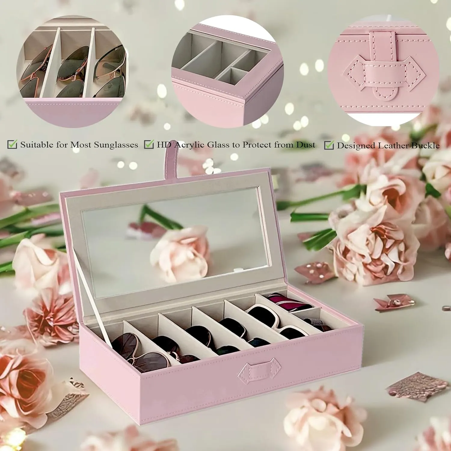 Sunglasses Case Organizer, Multiple Sunglasses Eyeglass Glasses Display Holder Collector, 5 Slots for Sunglasses Storage and 2 Small Slots for Accessories, Pink
