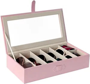 Sunglasses Case Organizer, Multiple Sunglasses Eyeglass Glasses Display Holder Collector, 5 Slots for Sunglasses Storage and 2 Small Slots for Accessories, Pink