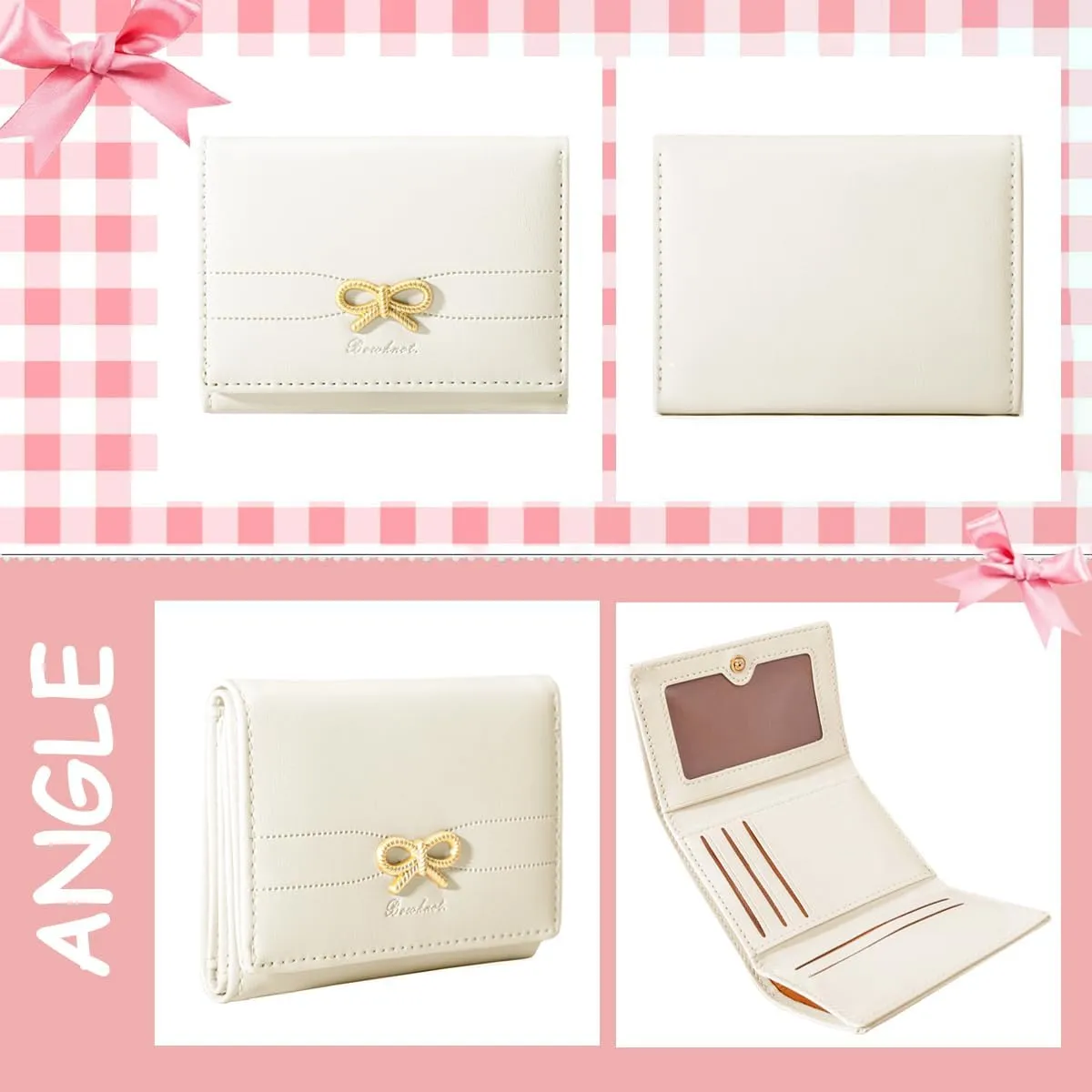 Sunwel Fashion Wallets Girls Cute Coquette Bow Small Wallet Aesthetic Card Holder ID Window Purse for Women (CREAM)