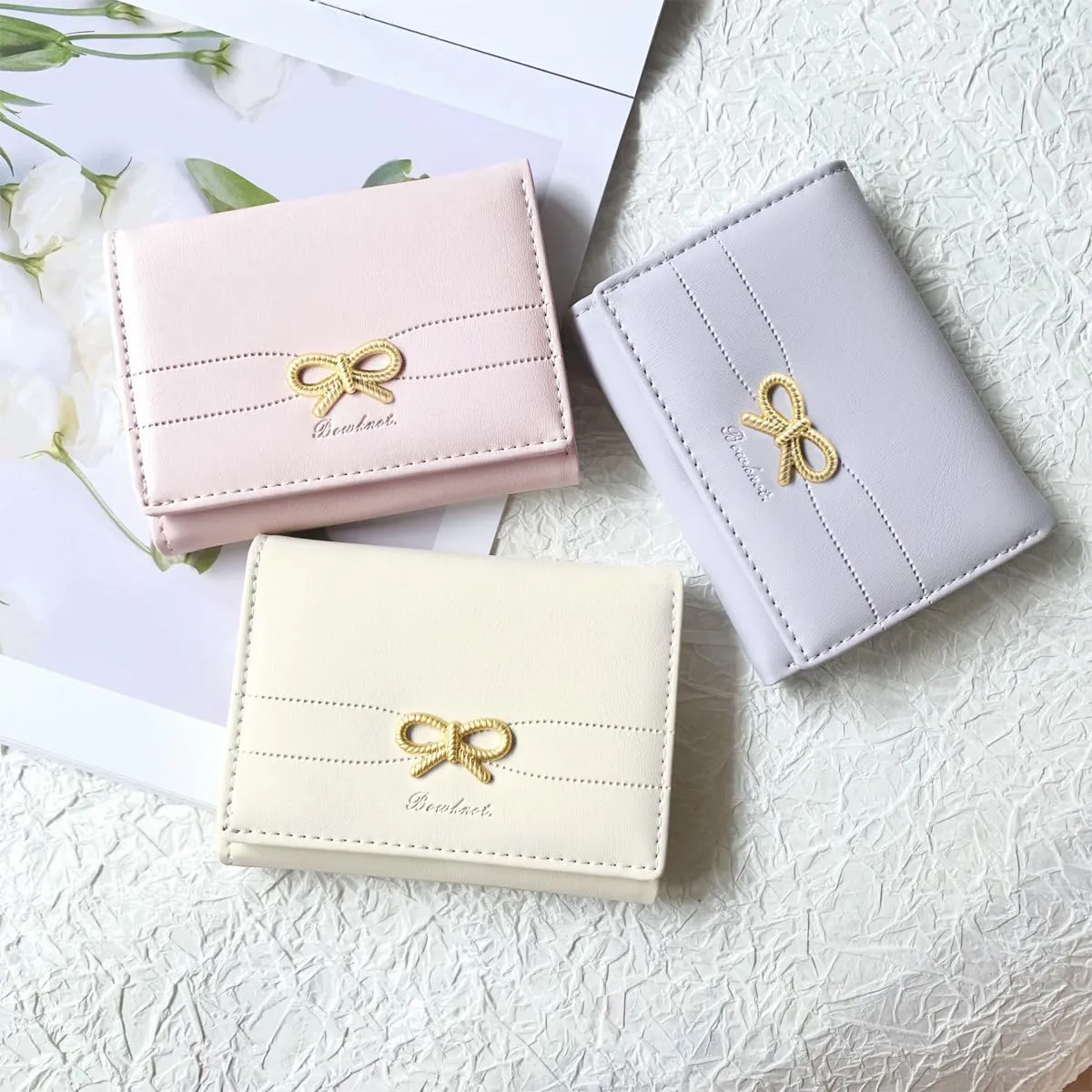 Sunwel Fashion Wallets Girls Cute Coquette Bow Small Wallet Aesthetic Card Holder ID Window Purse for Women (CREAM)