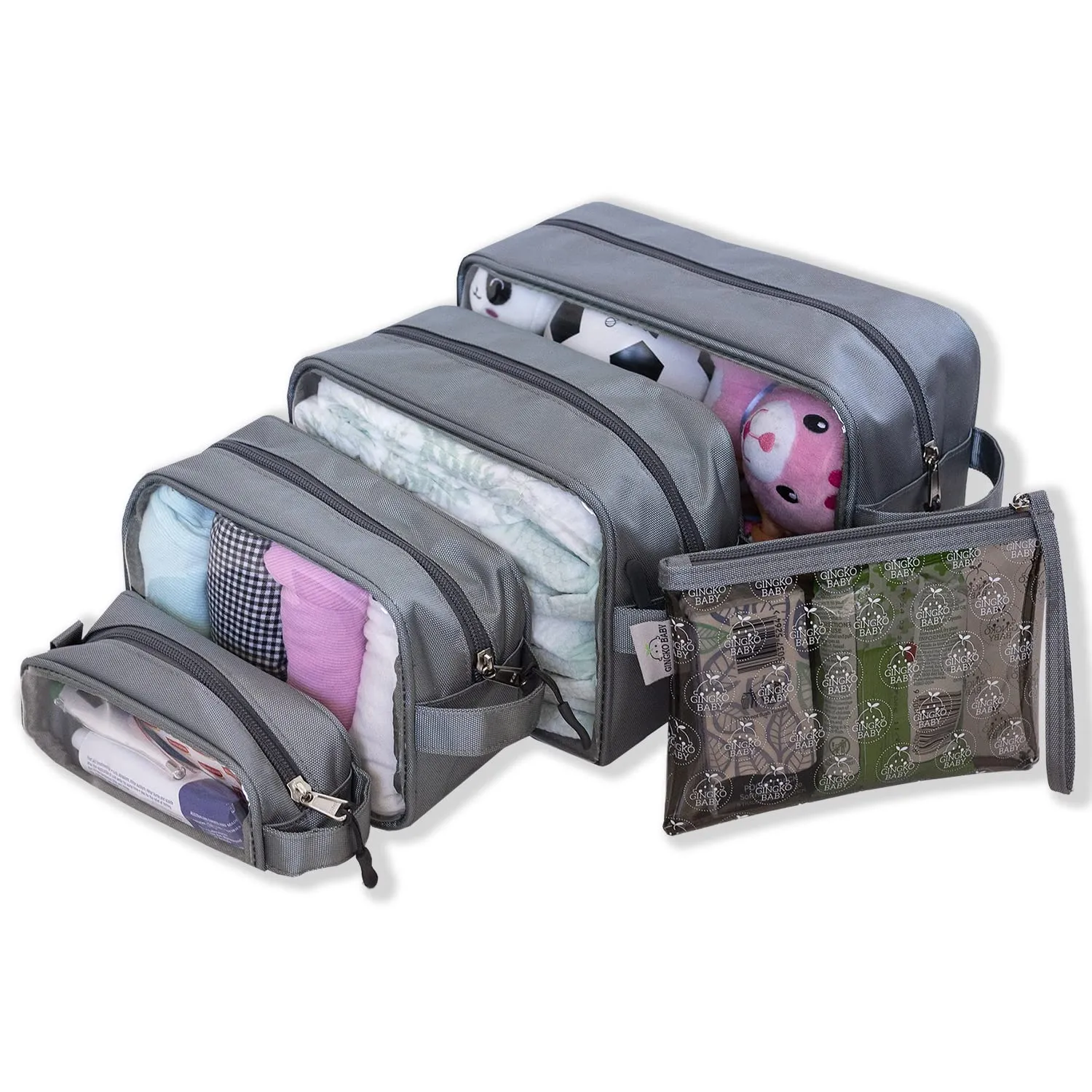 Supa Tough Diaper Bag Organizing Pouches Set of 5 - Premium Quality Clear Organizer Inserts - Versatile Wipe Clean Baby Packing Cubes - Nursery and Travel Organization (Silver Grey)