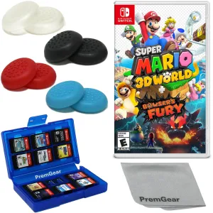 Super Mario 3D World   Bowser's Fury for Nintendo Switch, with PremGear Thumb Grips (8 pack - Black, Blue, Red & Clear), 24 Slot Game Card Holder & Cleaning Cloth