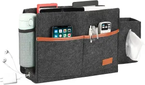 Surblue Bedside Caddy Felt Storage Organizer Hanging Bag with Tissue Box and Water Bottle Pocket for Mattress, Sofa, Bunk Bed, Dark Gray