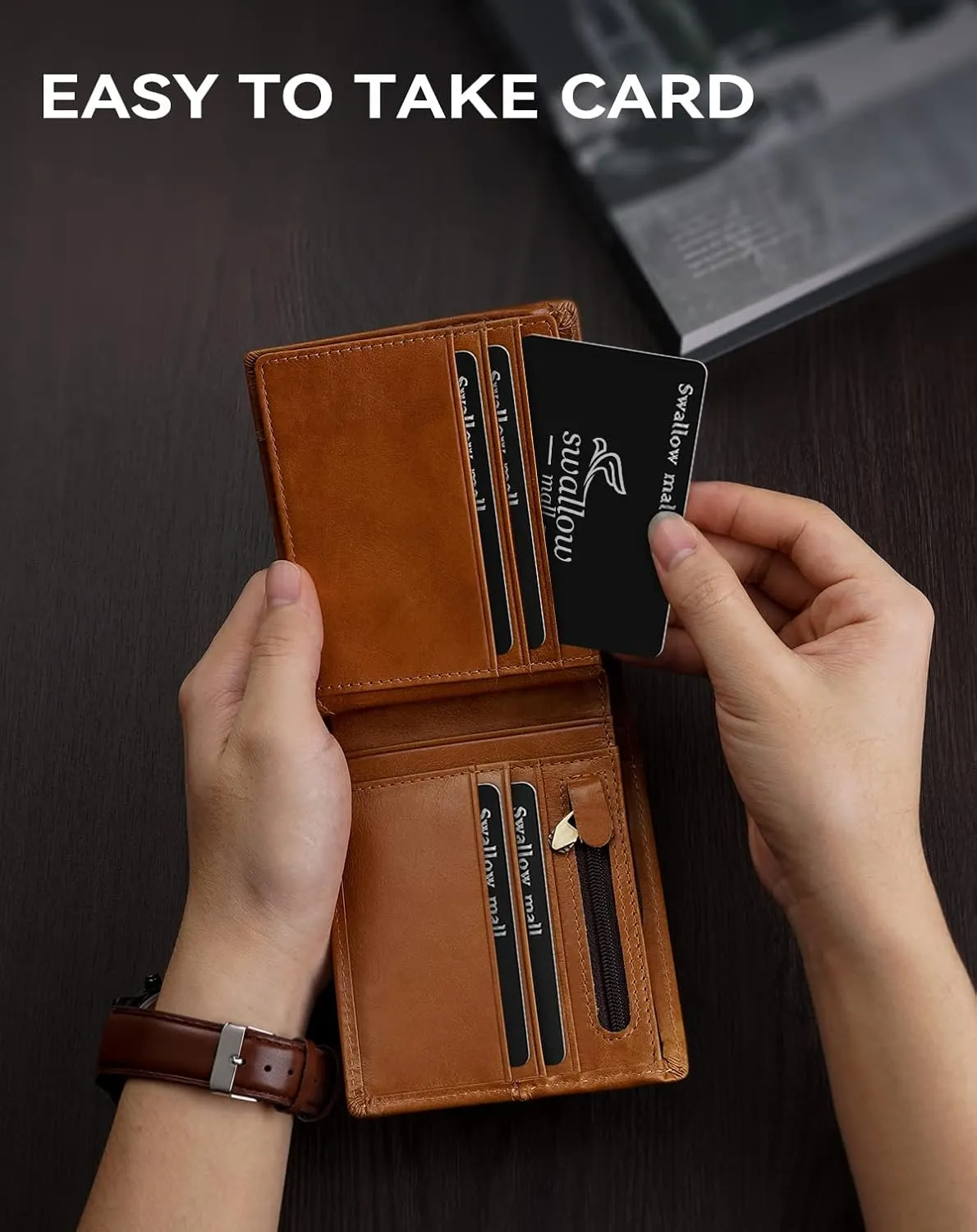 Swallowmall Mens Wallet Rfid Blocking Genuine Leather Bifold Wallets with 1 ID Window 15 Card Slots