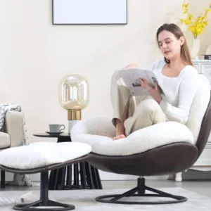Swivel Sherpa Accent Chair with Ottoman, Mid Century Modern Lounge Chair with Footrest, Comfy Reading Chair with 360 Degree Metal Base for Small Space/Living Room/Bedroom, White Fur