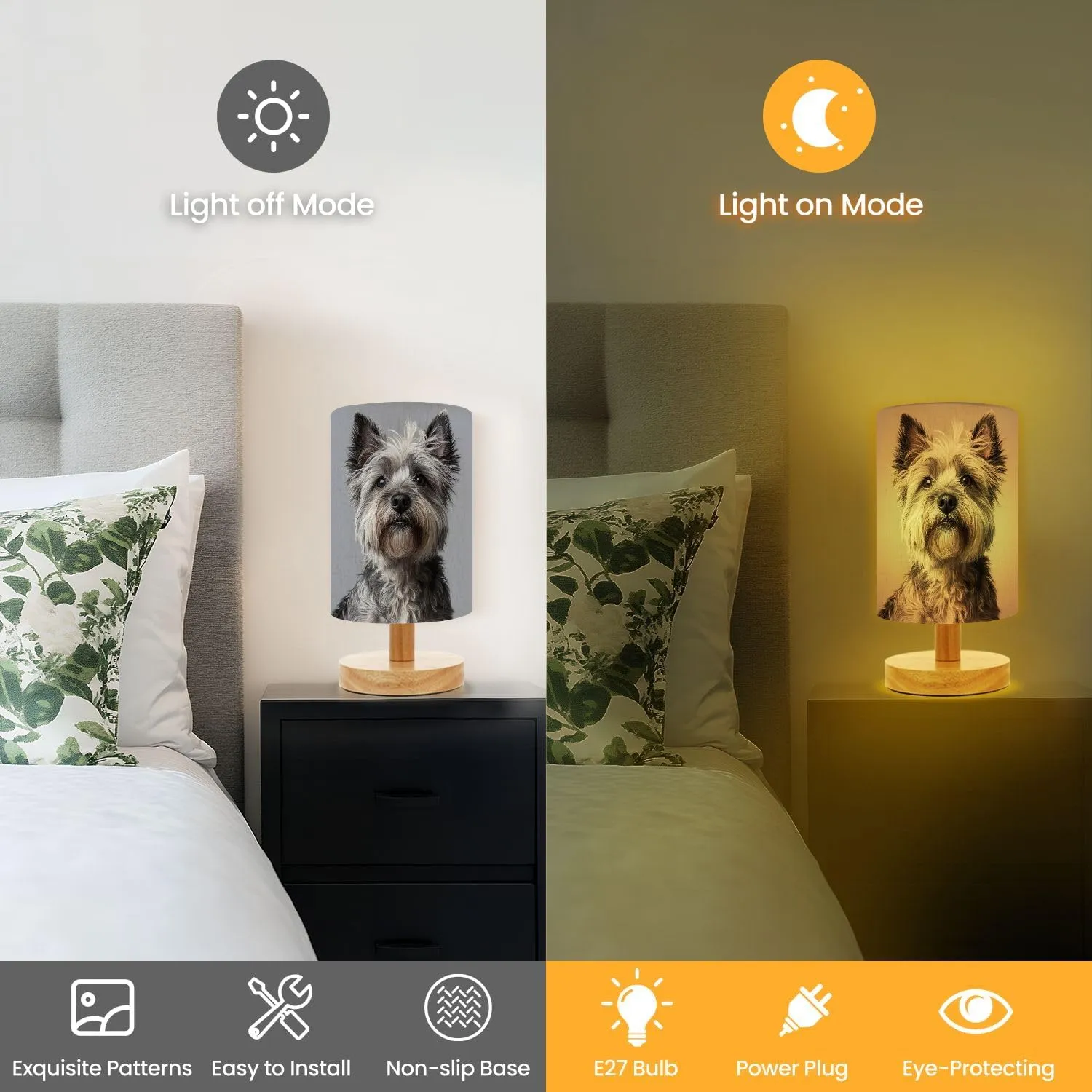 Table Lamp for Bedroom Kids Bedside Lamp with Linen Wooden Nightstand Lamp,Grey Cairn Terrier Small Dog Fluffy Fur Expressive Eyes Pointed Ears
