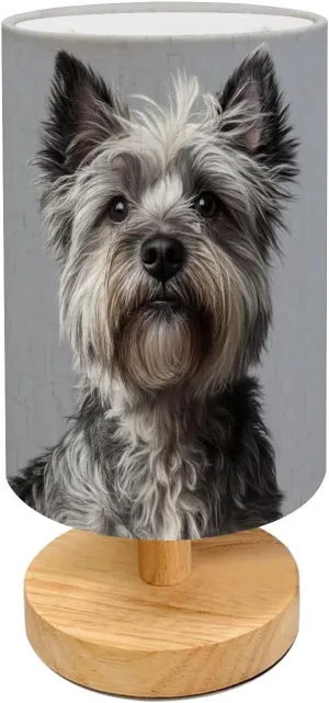 Table Lamp for Bedroom Kids Bedside Lamp with Linen Wooden Nightstand Lamp,Grey Cairn Terrier Small Dog Fluffy Fur Expressive Eyes Pointed Ears
