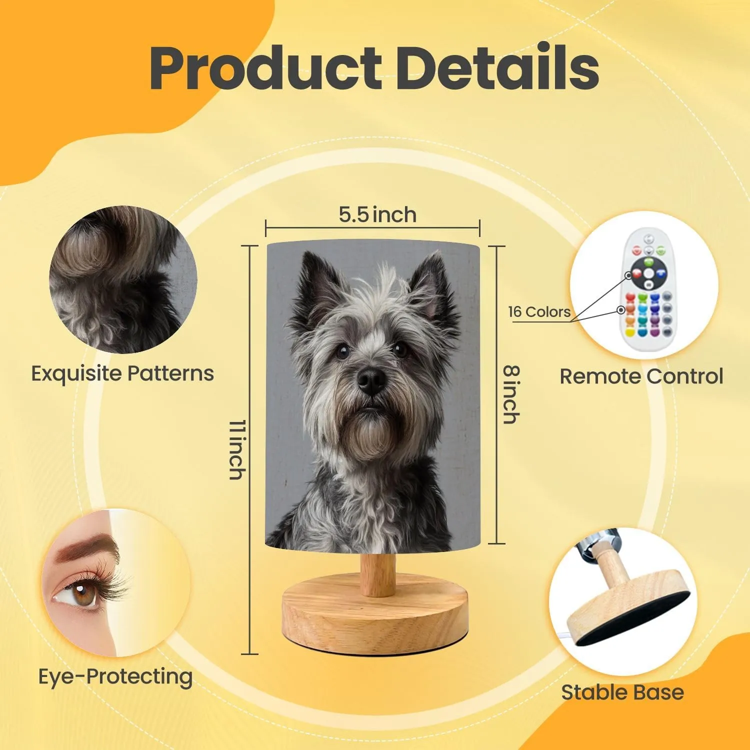 Table Lamp for Bedroom Kids Bedside Lamp with Linen Wooden Nightstand Lamp,Grey Cairn Terrier Small Dog Fluffy Fur Expressive Eyes Pointed Ears