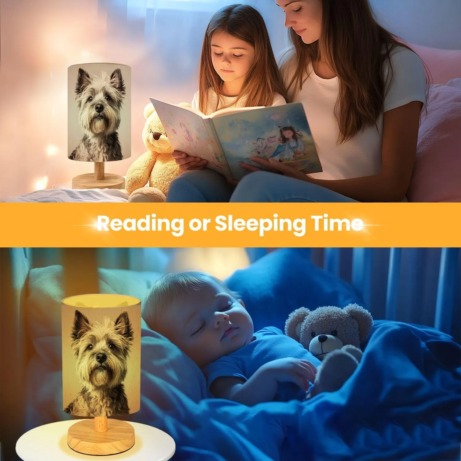 Table Lamp for Bedroom Kids Bedside Lamp with Linen Wooden Nightstand Lamp,Grey Cairn Terrier Small Dog Fluffy Fur Expressive Eyes Pointed Ears
