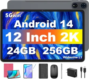 Tablet 12 inch Android 14 Tablets, 24GB（8 16）RAM 256 Storage(Expand to 1TB), Android Tablet with Keyboard, Octa-Core, 2K 2000x1200 Display, 16MP Dual Camera, 8000mAh, 5G WiFi,GPS,Bluetooth 5.0（Pink）