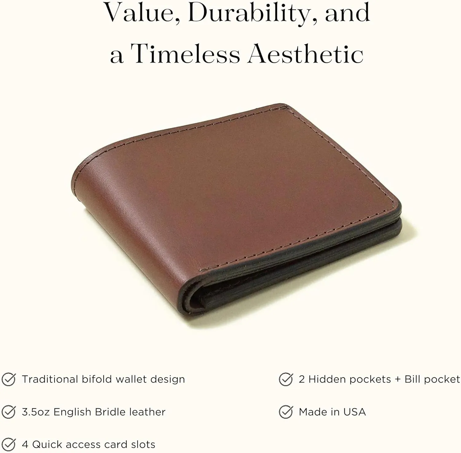 TANNER GOODS Mens Wallet. Mens Leather Wallets. Utility Bifold 4 Card Pocket Wallet, Billfold Slot Cardholder. Made in USA, Cognac Brown