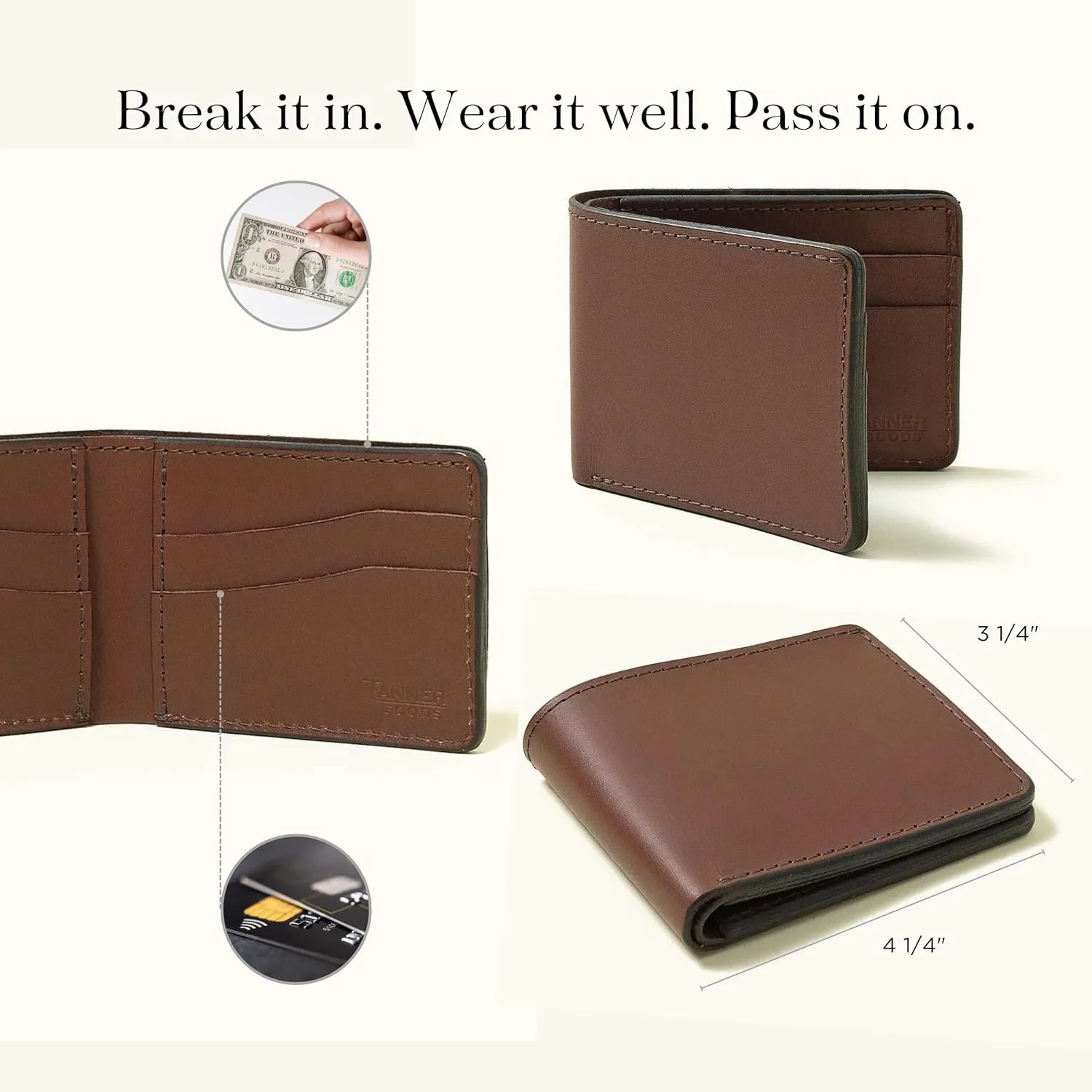TANNER GOODS Mens Wallet. Mens Leather Wallets. Utility Bifold 4 Card Pocket Wallet, Billfold Slot Cardholder. Made in USA, Cognac Brown
