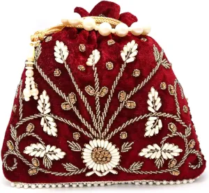 Teal Velvet Floral Embroidered Potli Bag | Pearl Handle Traditional Ethnic