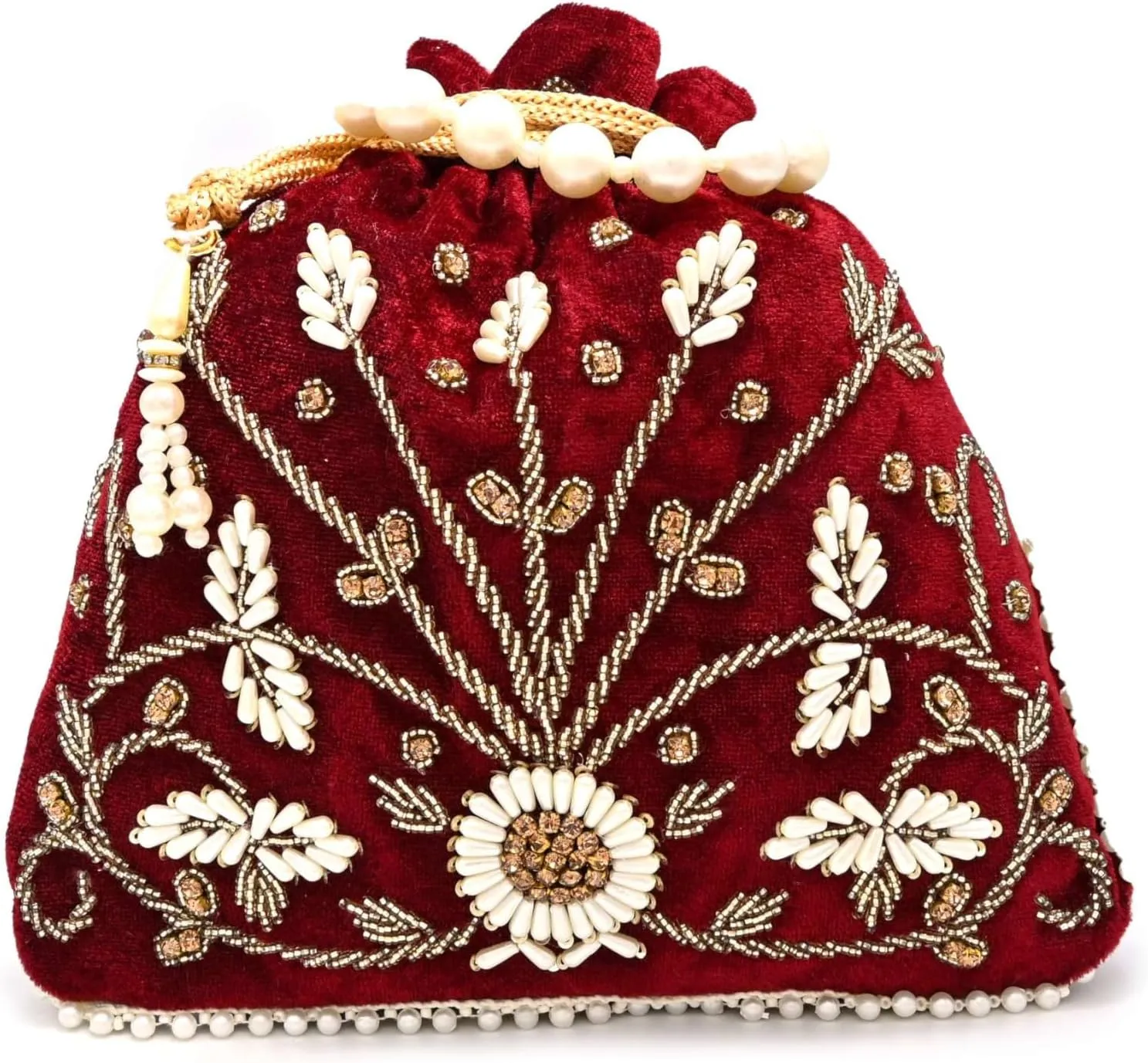 Teal Velvet Floral Embroidered Potli Bag | Pearl Handle Traditional Ethnic