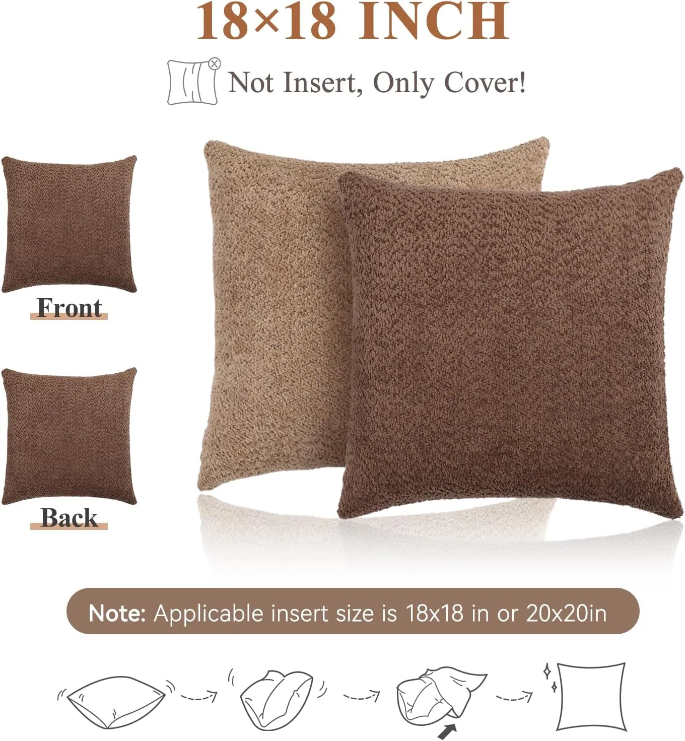 Textured Boucle Throw Pillow Covers 18×18 Inch, 2 Pack Square Throw Pillow Case with Zipper, Decorative Throw Pillow Protector for Living Room Bedroom Sofa Bed Office, Camel and Brick