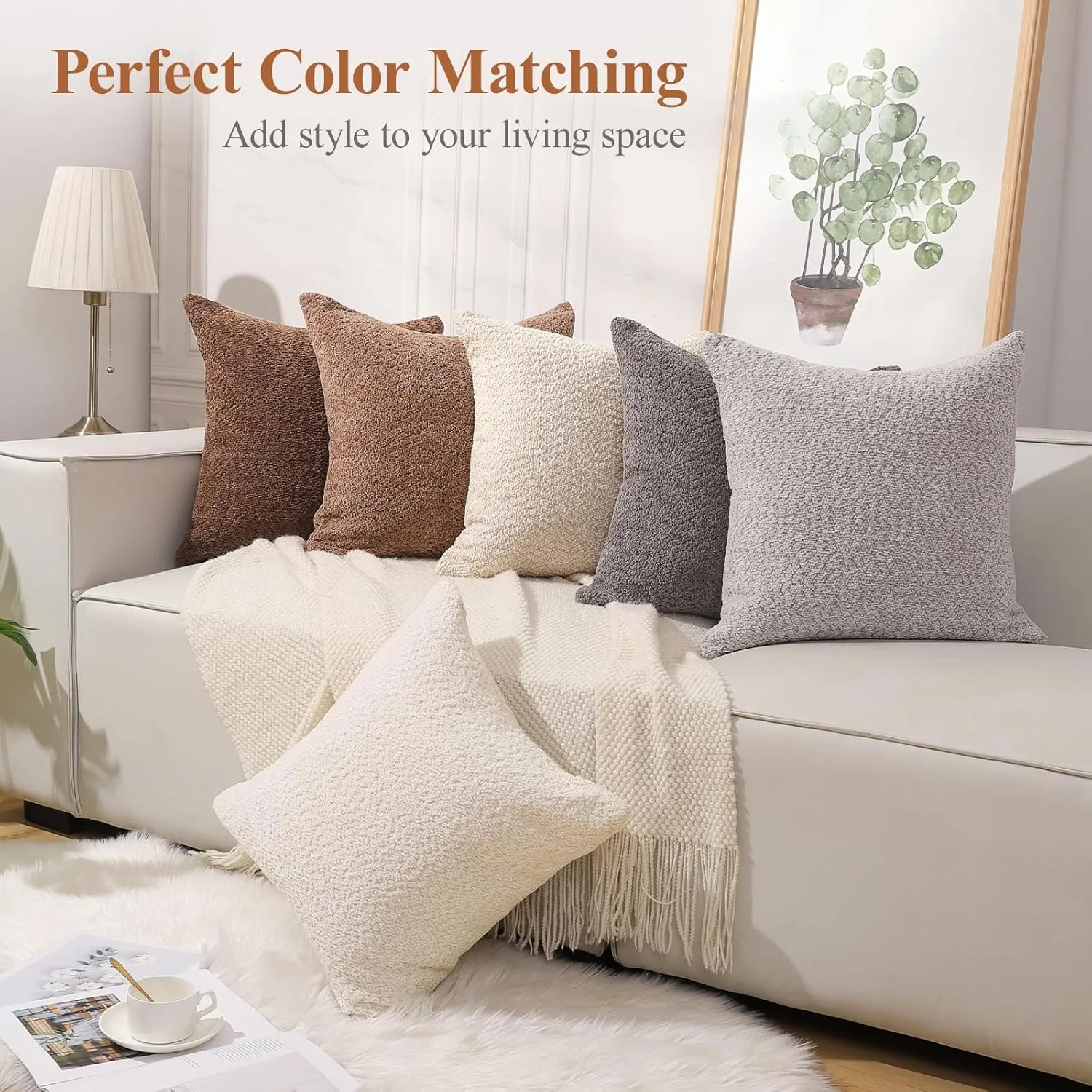 Textured Boucle Throw Pillow Covers 18×18 Inch, 2 Pack Square Throw Pillow Case with Zipper, Decorative Throw Pillow Protector for Living Room Bedroom Sofa Bed Office, Camel and Brick