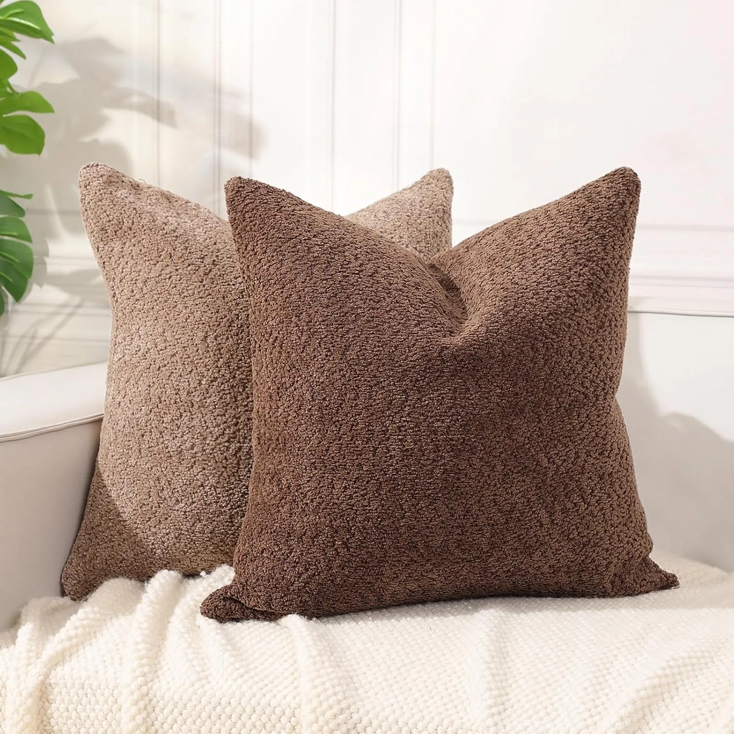 Textured Boucle Throw Pillow Covers 18×18 Inch, 2 Pack Square Throw Pillow Case with Zipper, Decorative Throw Pillow Protector for Living Room Bedroom Sofa Bed Office, Camel and Brick
