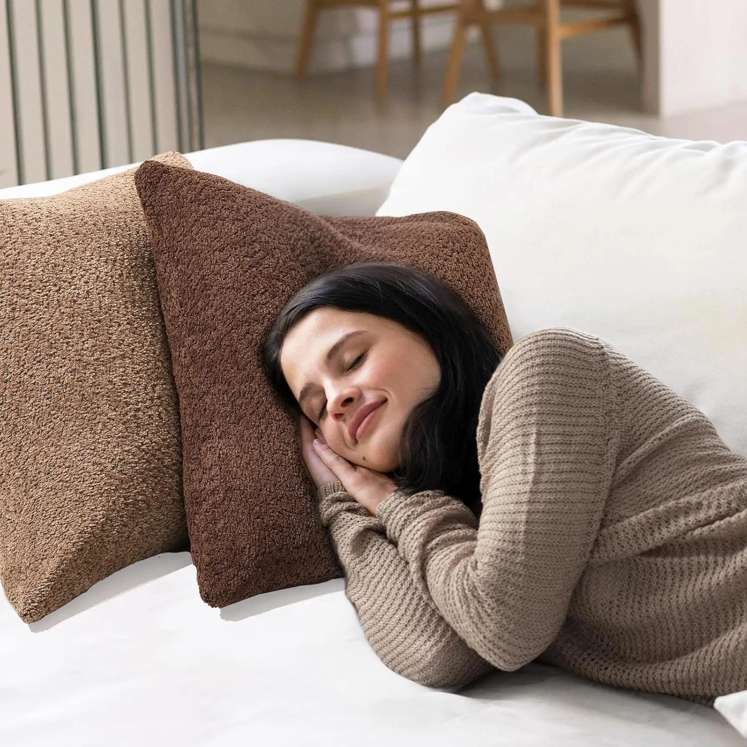 Textured Boucle Throw Pillow Covers 18×18 Inch, 2 Pack Square Throw Pillow Case with Zipper, Decorative Throw Pillow Protector for Living Room Bedroom Sofa Bed Office, Camel and Brick