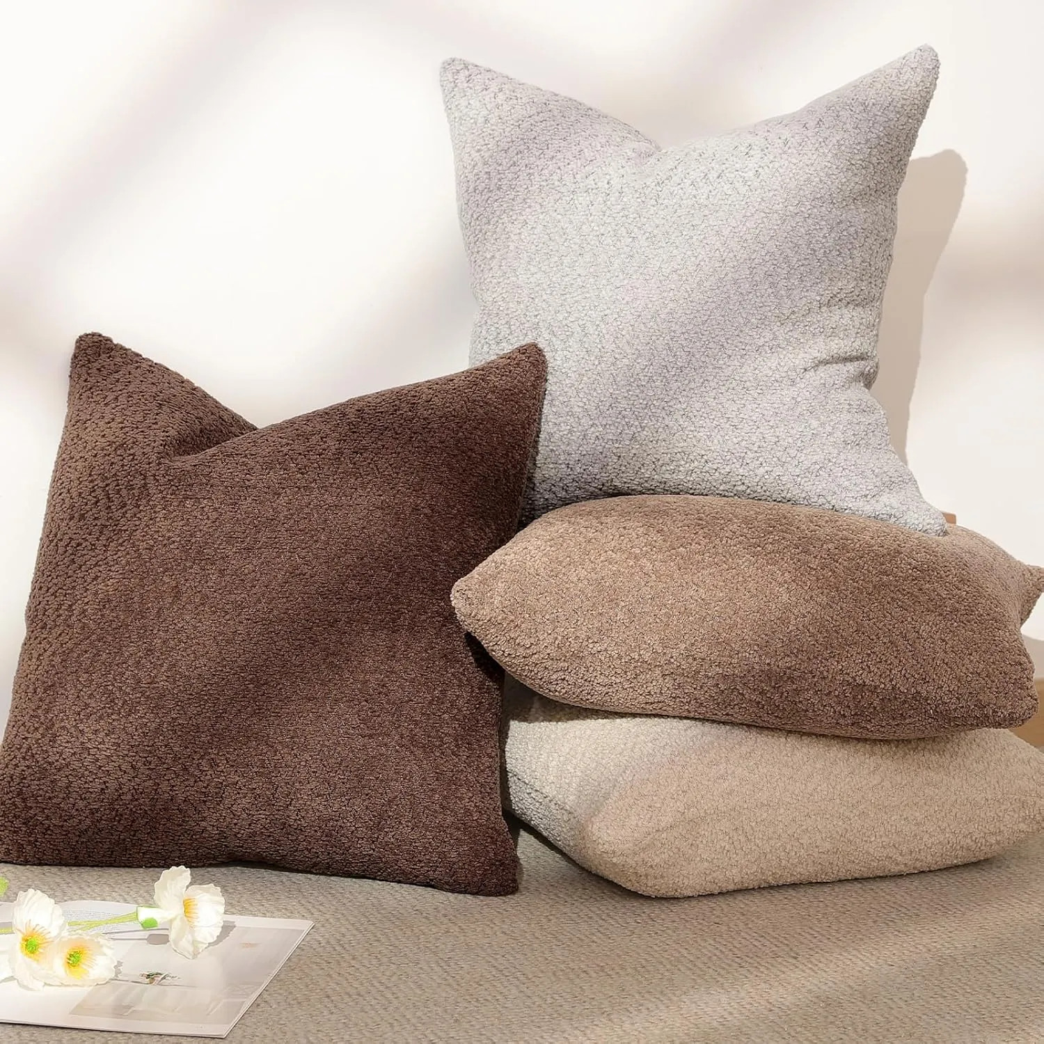 Textured Boucle Throw Pillow Covers 18×18 Inch, 2 Pack Square Throw Pillow Case with Zipper, Decorative Throw Pillow Protector for Living Room Bedroom Sofa Bed Office, Camel and Brick