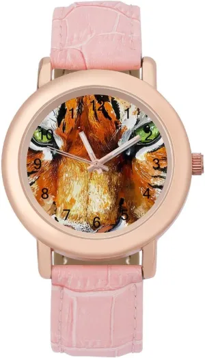 Tigers Face Wrist Watches for Women Pink Leather Band Watch Fashion Three-Hand Watch Gift for Ladies